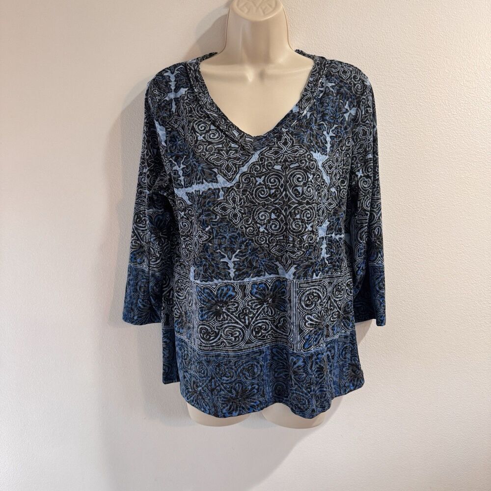 Chico's Shirt Blouse 2 / L Velvet Burnout Blue Black Floral Boho V-neck